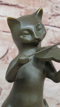 Bronze Cat Playing Violin on Marble
