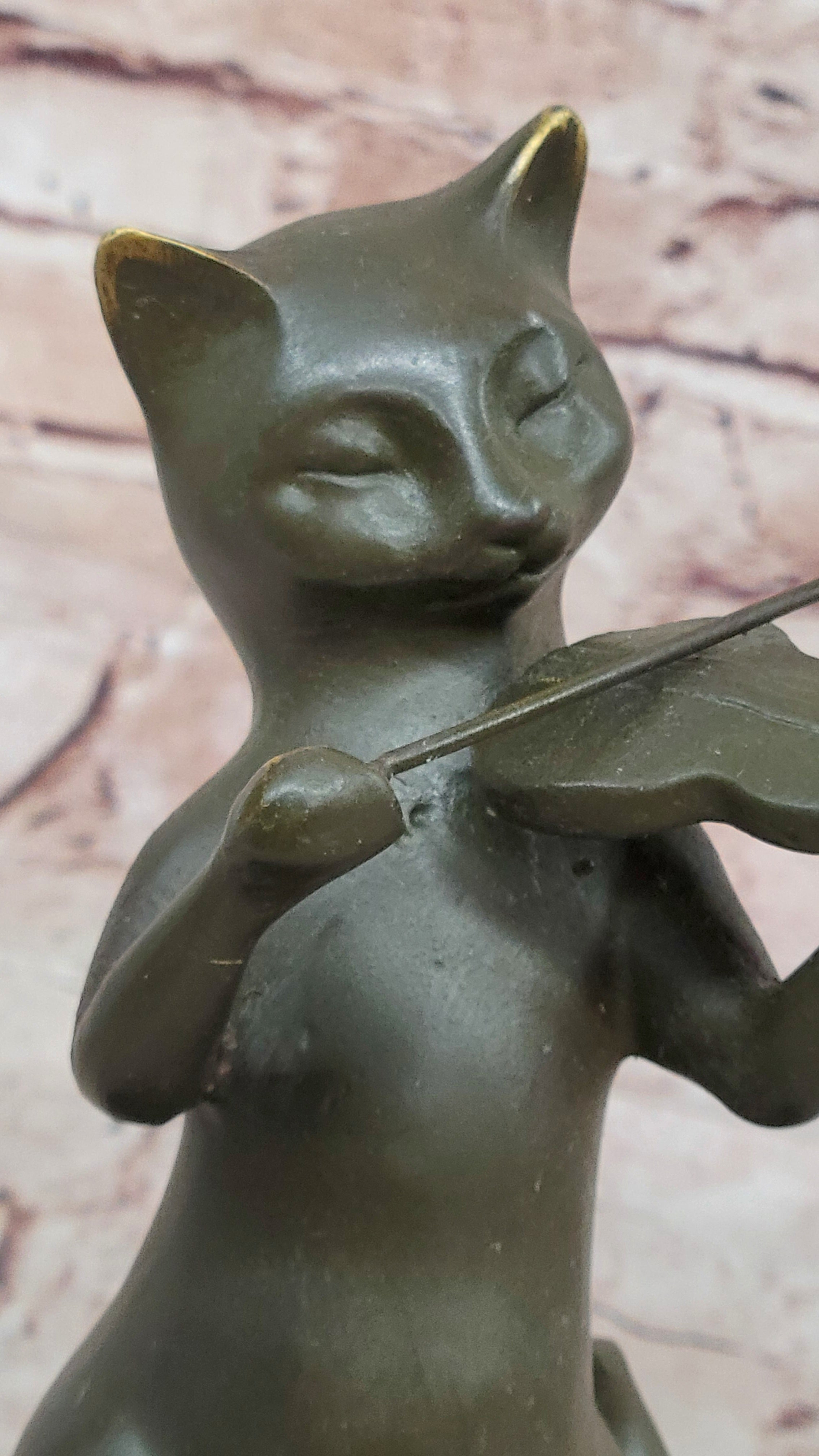 Bronze Cat Playing Violin on Marble