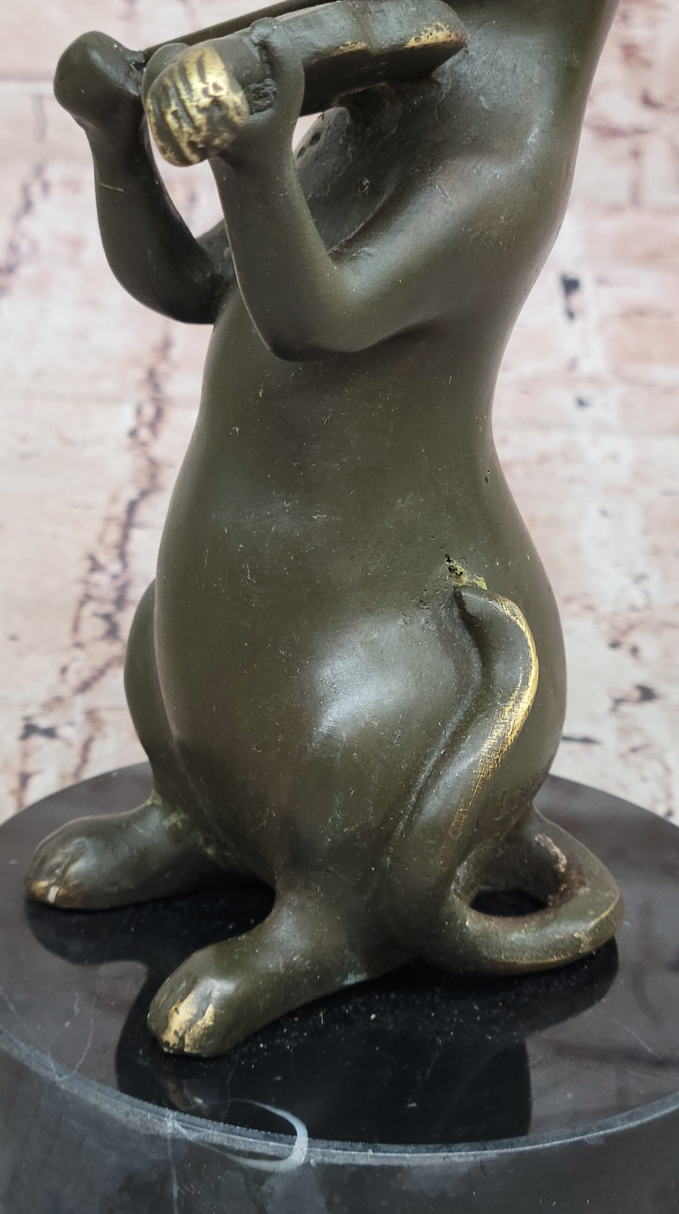 Bronze Cat Playing Violin on Marble