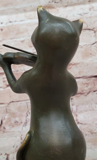 Bronze Cat Playing Violin on Marble