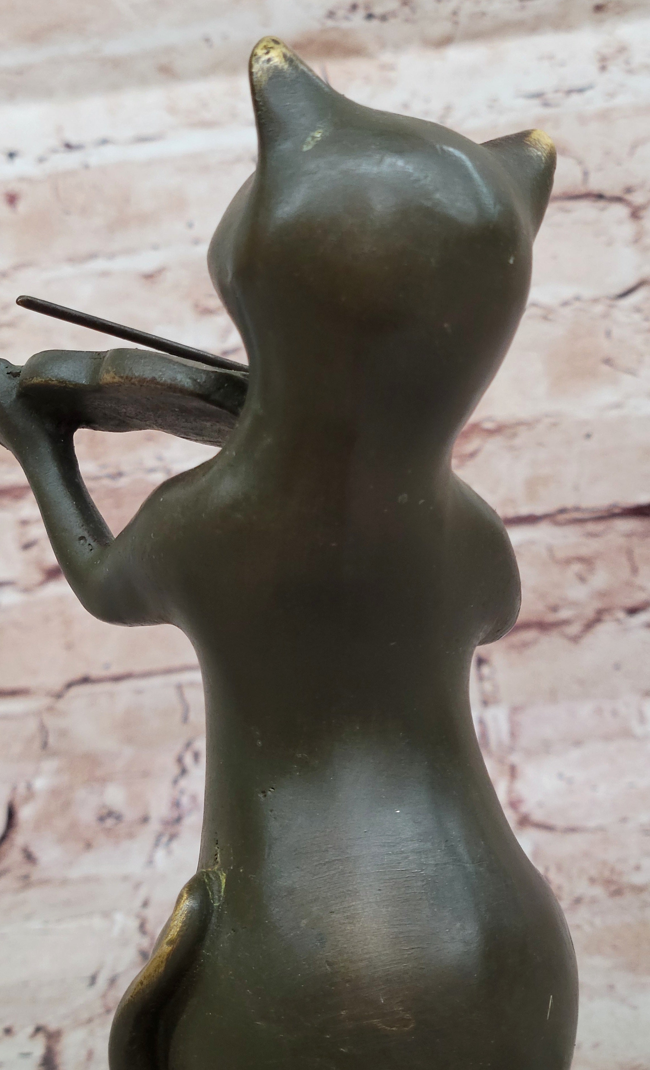 Bronze Cat Playing Violin on Marble
