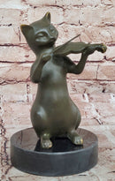 Bronze Cat Playing Violin on Marble