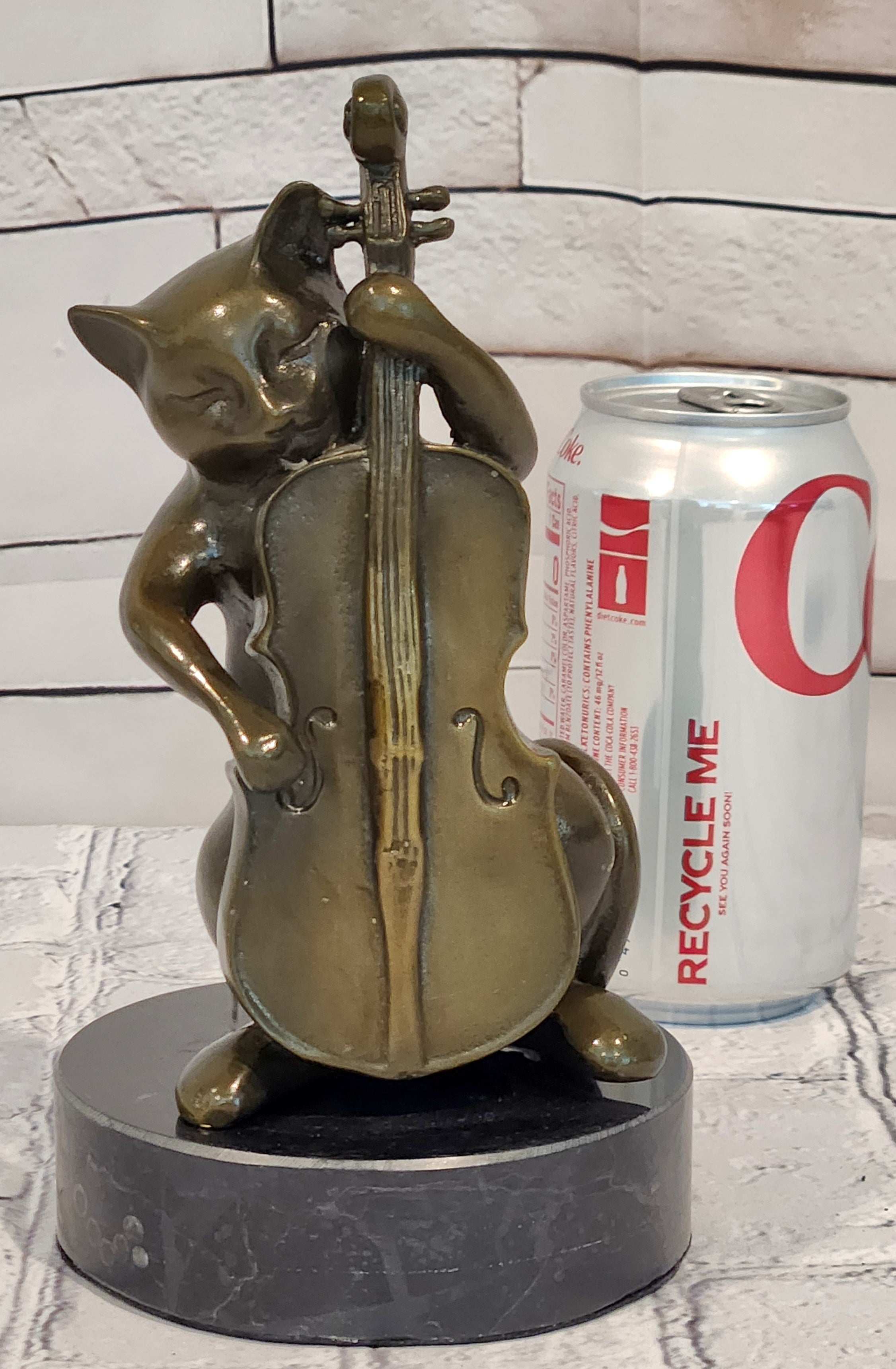 Hand Made M.Lopez Cat Playing Cello Real Bronze Sculpture Statue Figurine