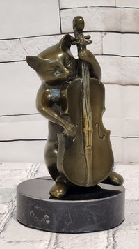 Hand Made M.Lopez Cat Playing Cello Real Bronze Sculpture Statue Figurine