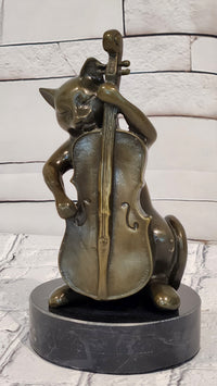 Hand Made M.Lopez Cat Playing Cello Real Bronze Sculpture Statue Figurine