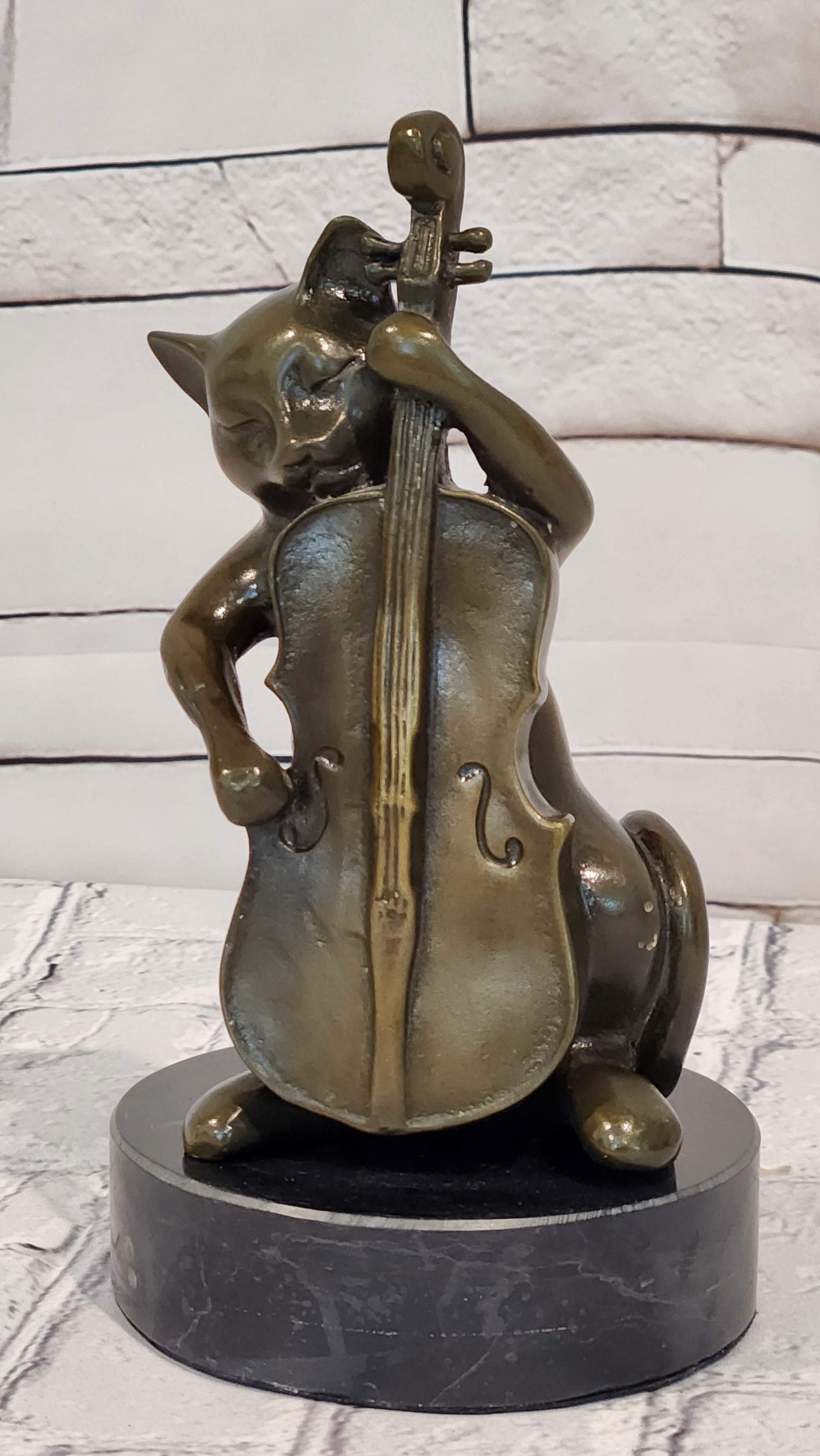 Hand Made M.Lopez Cat Playing Cello Real Bronze Sculpture Statue Figurine