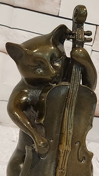Hand Made M.Lopez Cat Playing Cello Real Bronze Sculpture Statue Figurine