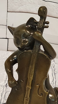 Hand Made M.Lopez Cat Playing Cello Real Bronze Sculpture Statue Figurine
