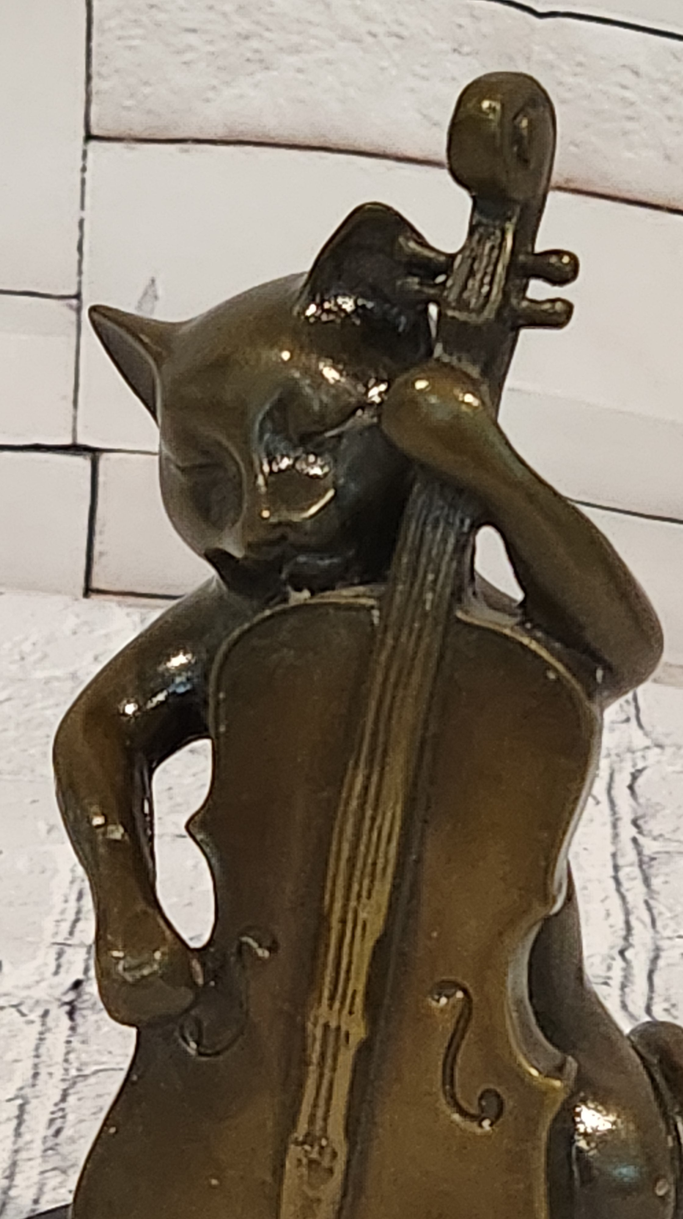Hand Made M.Lopez Cat Playing Cello Real Bronze Sculpture Statue Figurine