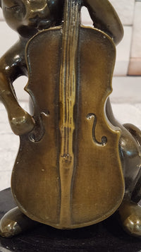 Hand Made M.Lopez Cat Playing Cello Real Bronze Sculpture Statue Figurine