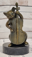 Hand Made M.Lopez Cat Playing Cello Real Bronze Sculpture Statue Figurine