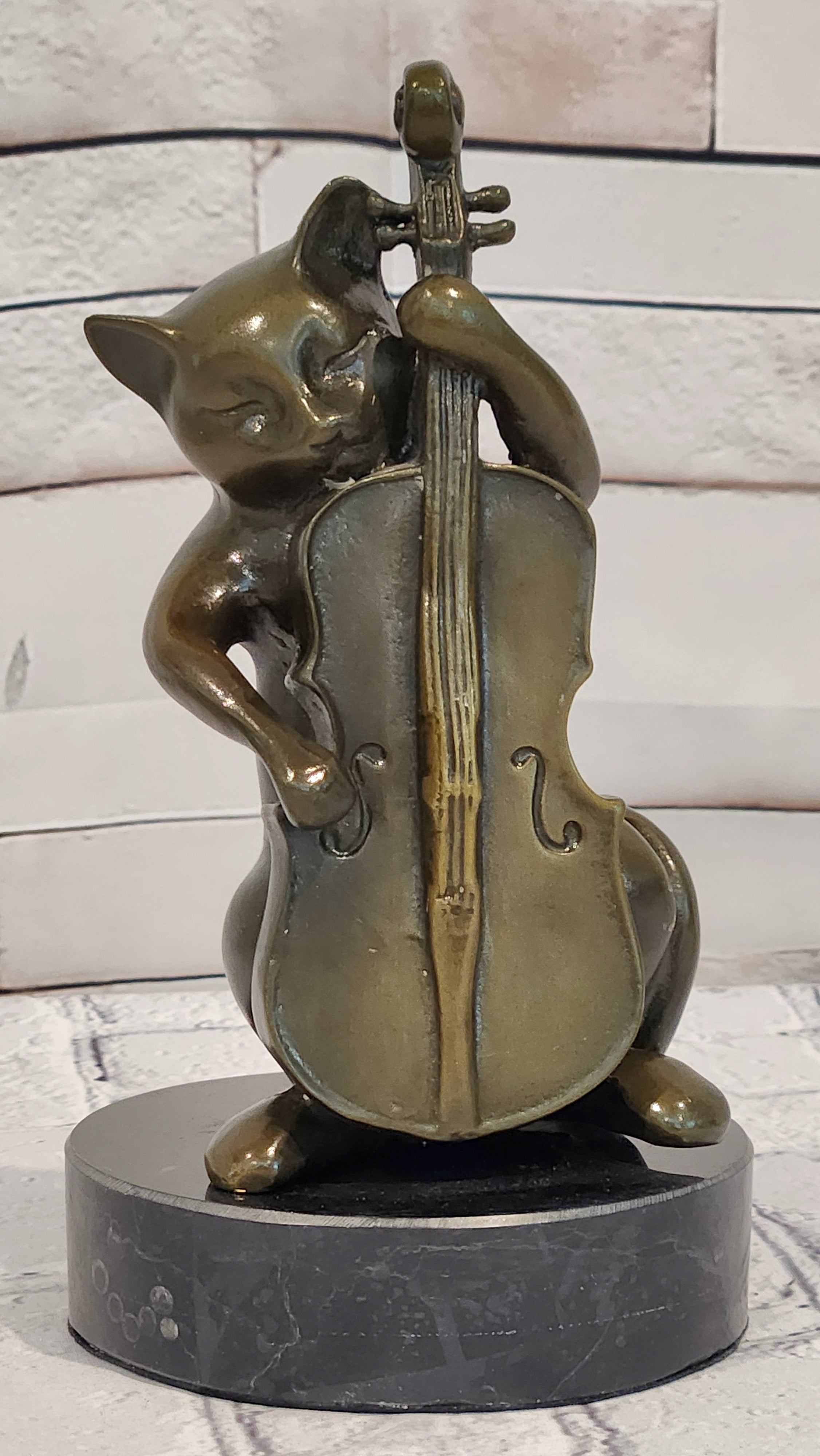 Hand Made M.Lopez Cat Playing Cello Real Bronze Sculpture Statue Figurine