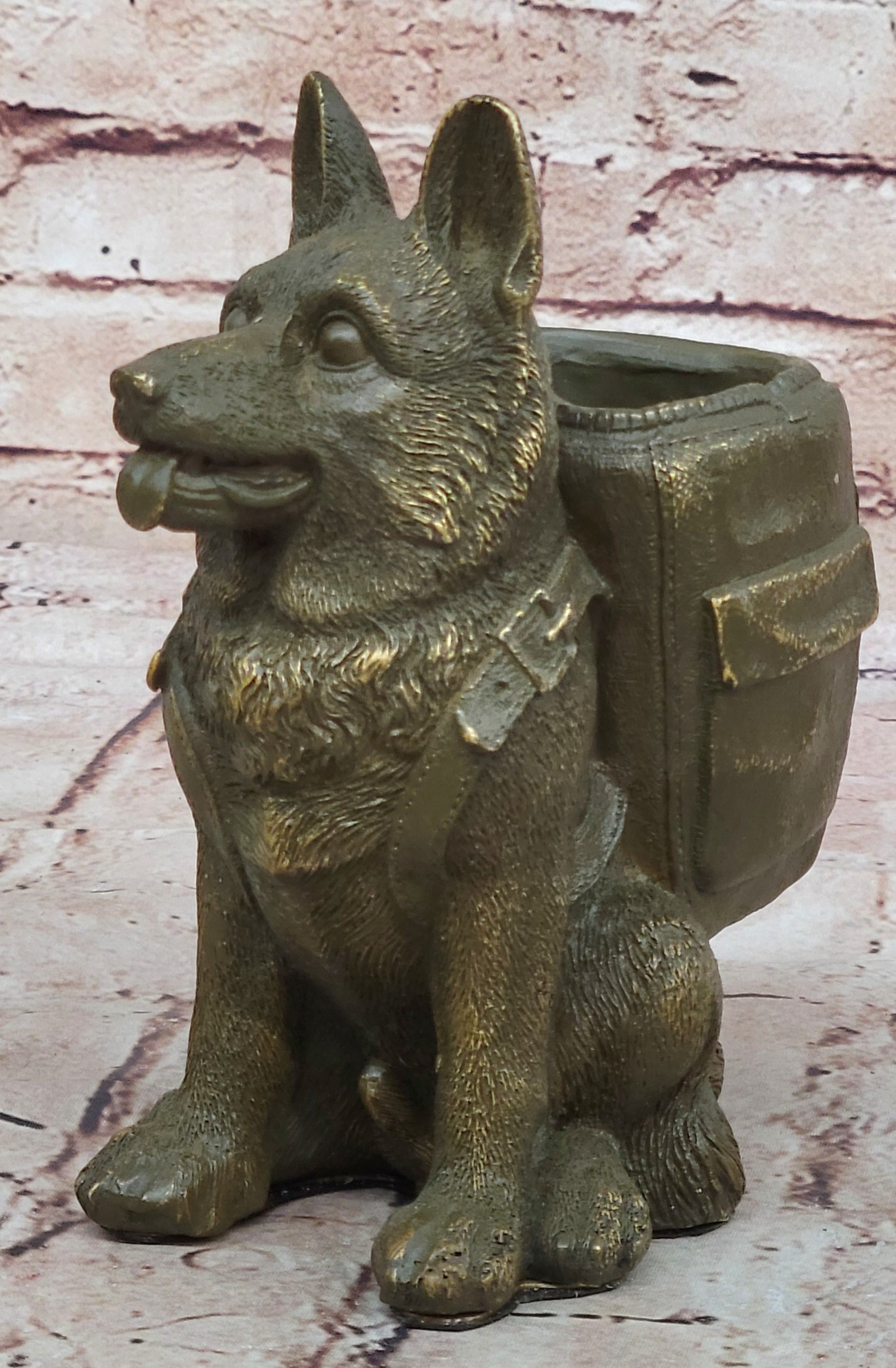 German Shepherd with Backpack Bronze Sculpture