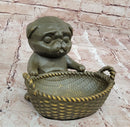 Bronze Pug in Basket - Whimsical Dog Sculpture