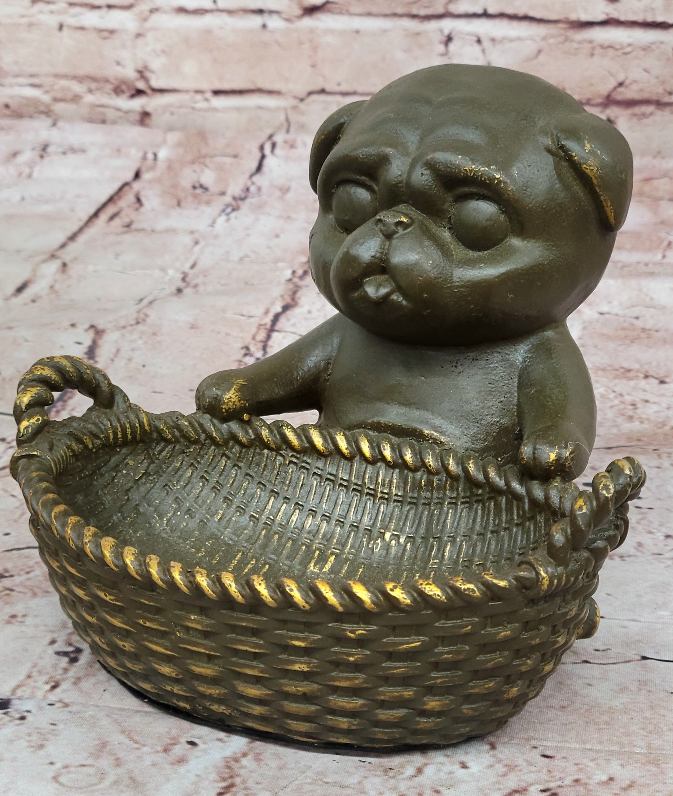 Bronze Pug in Basket - Whimsical Dog Sculpture
