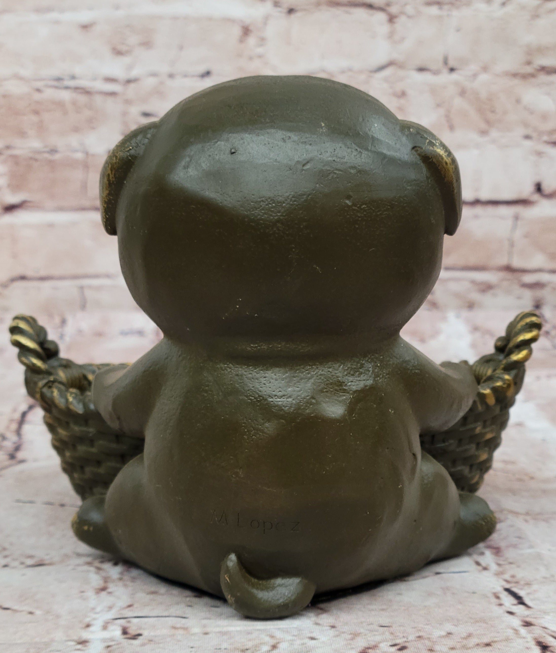 Bronze Pug in Basket - Whimsical Dog Sculpture