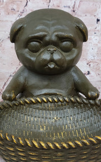 Bronze Pug in Basket - Whimsical Dog Sculpture