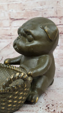 Bronze Pug in Basket - Whimsical Dog Sculpture