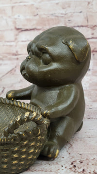 Bronze Pug in Basket - Whimsical Dog Sculpture