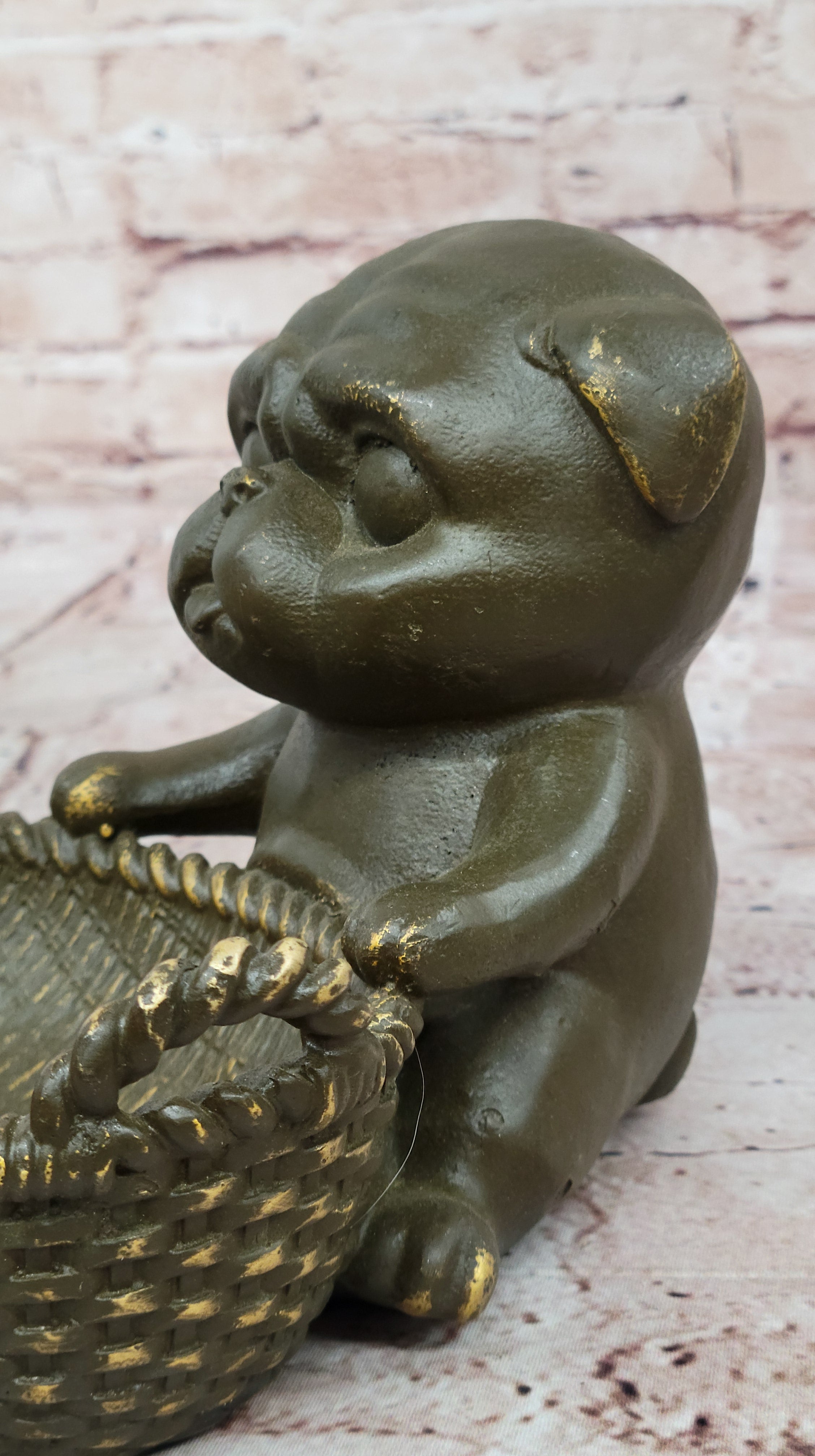Bronze Pug in Basket - Whimsical Dog Sculpture