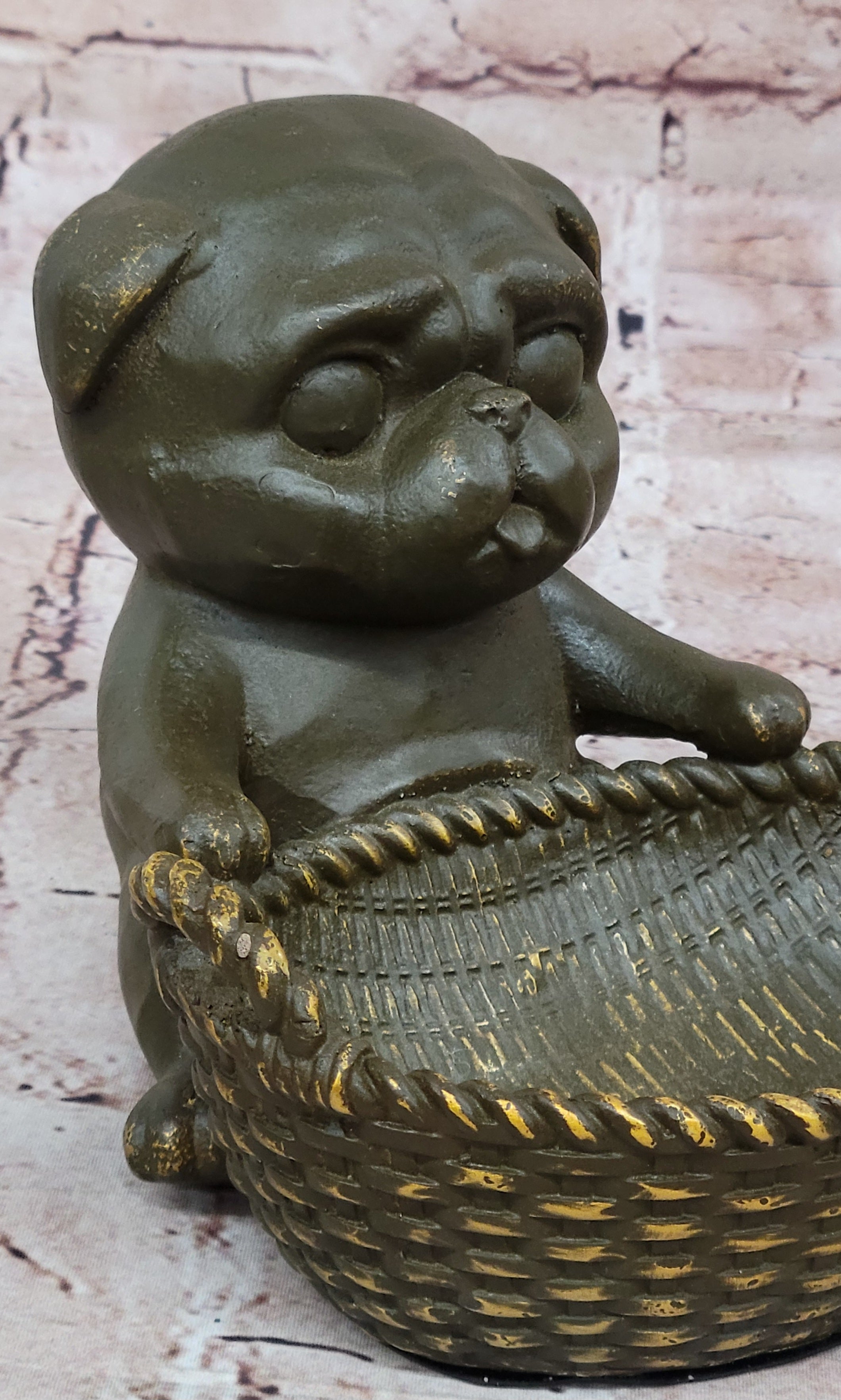 Bronze Pug in Basket - Whimsical Dog Sculpture