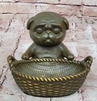 Bronze Pug in Basket - Whimsical Dog Sculpture
