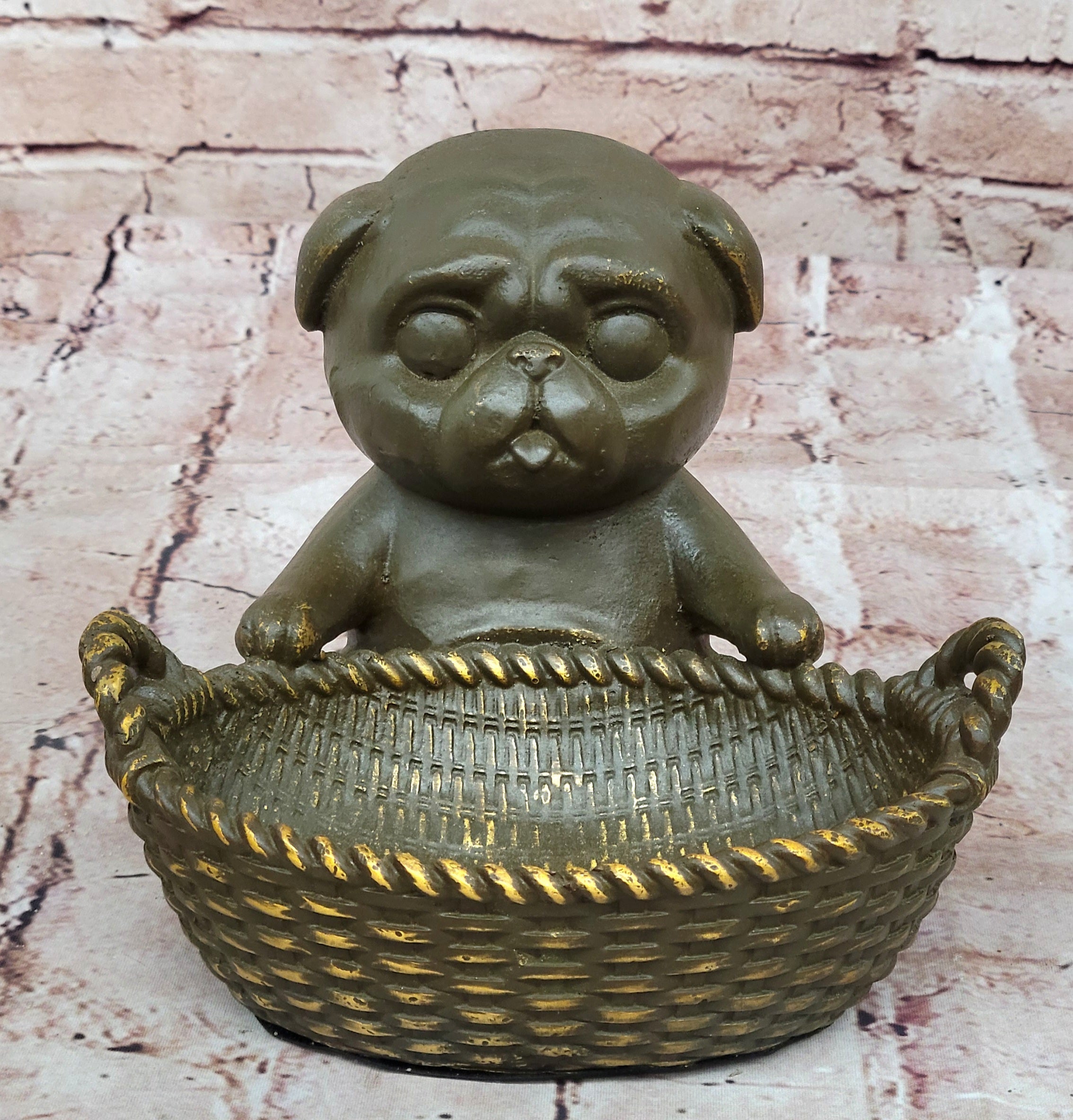 Bronze Pug in Basket - Whimsical Dog Sculpture