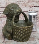 Bronze Pug Puppy Holding Woven Basket – Dog Figurine