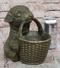 Bronze Pug Puppy Holding Woven Basket – Dog Figurine