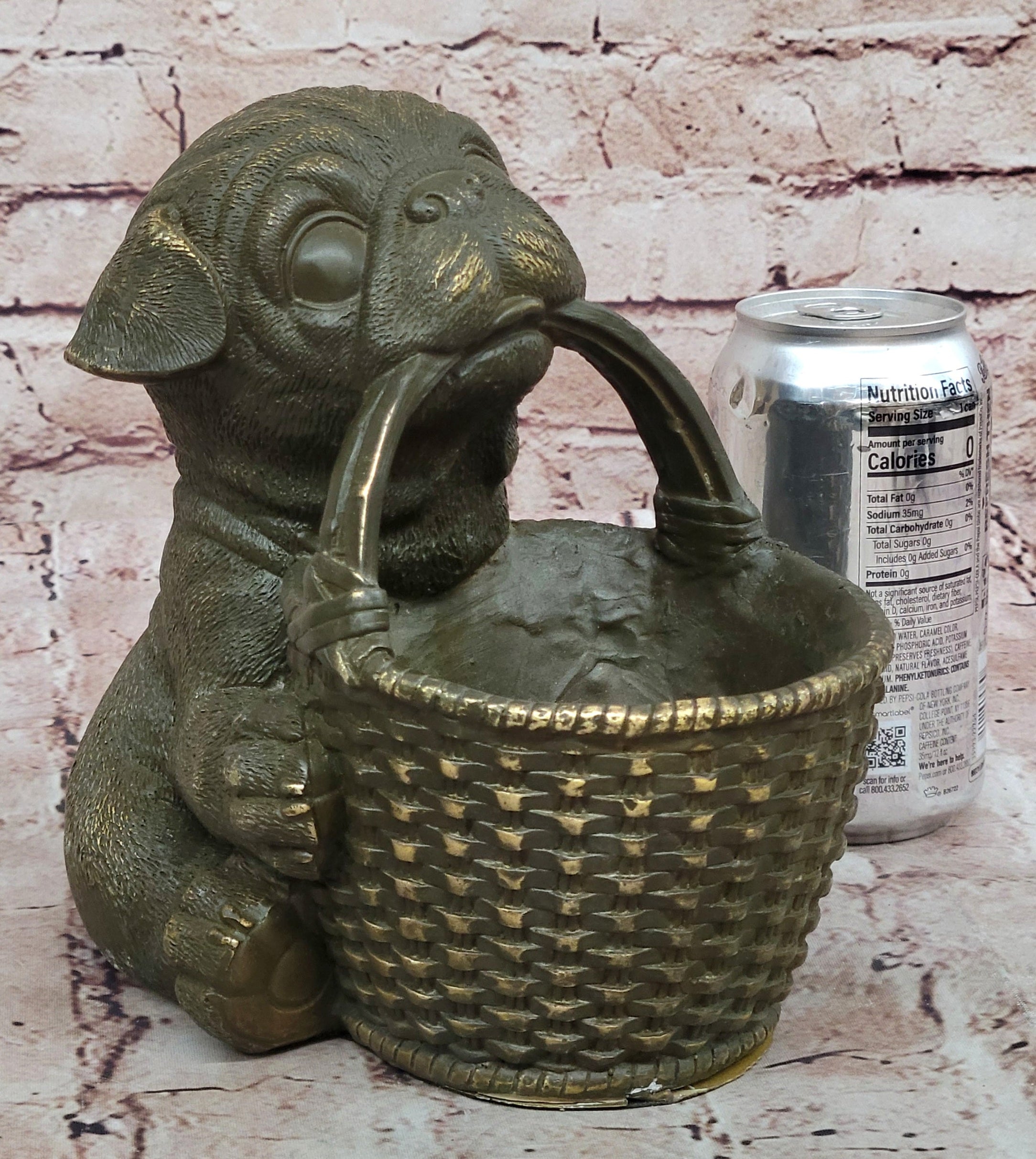 Bronze Pug Puppy Holding Woven Basket – Dog Figurine