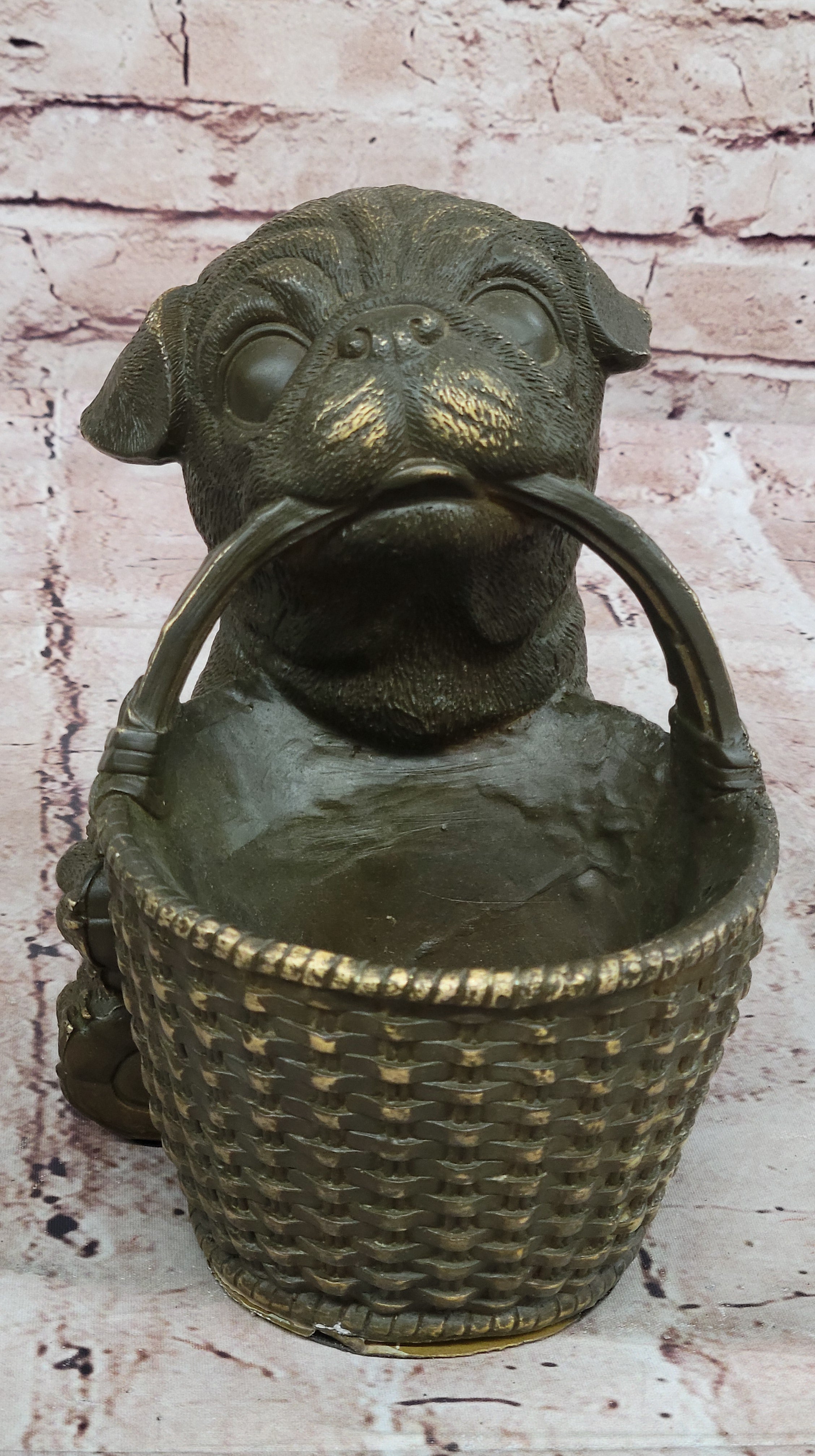 Bronze Pug Puppy Holding Woven Basket – Dog Figurine