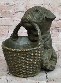Bronze Pug Puppy Holding Woven Basket – Dog Figurine