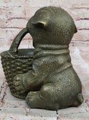 Bronze Pug Puppy Holding Woven Basket – Dog Figurine