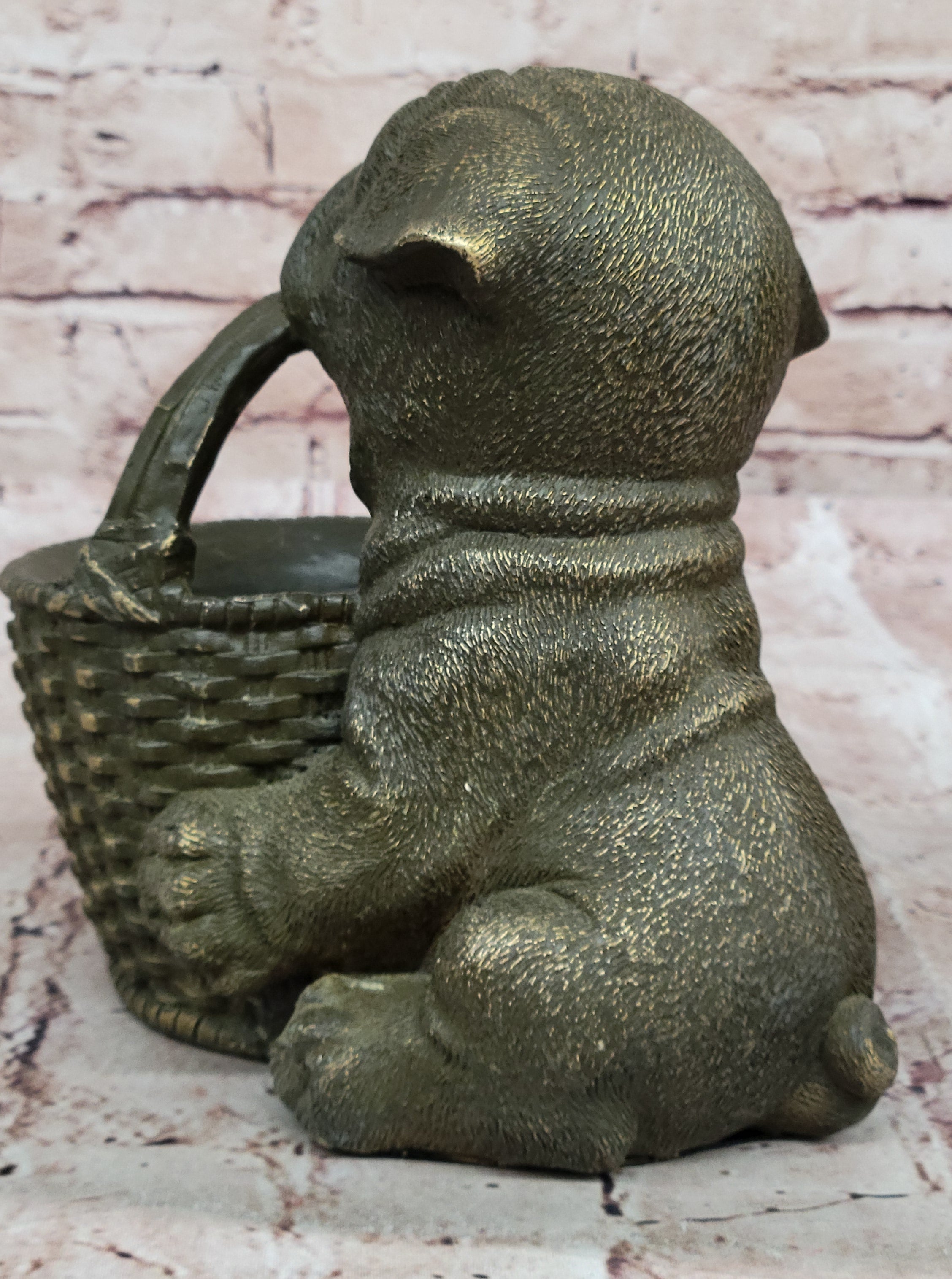 Bronze Pug Puppy Holding Woven Basket – Dog Figurine
