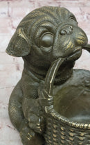 Bronze Pug Puppy Holding Woven Basket – Dog Figurine