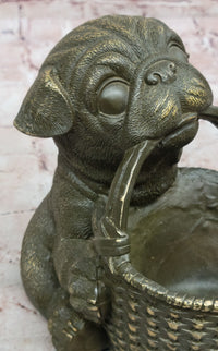 Bronze Pug Puppy Holding Woven Basket – Dog Figurine