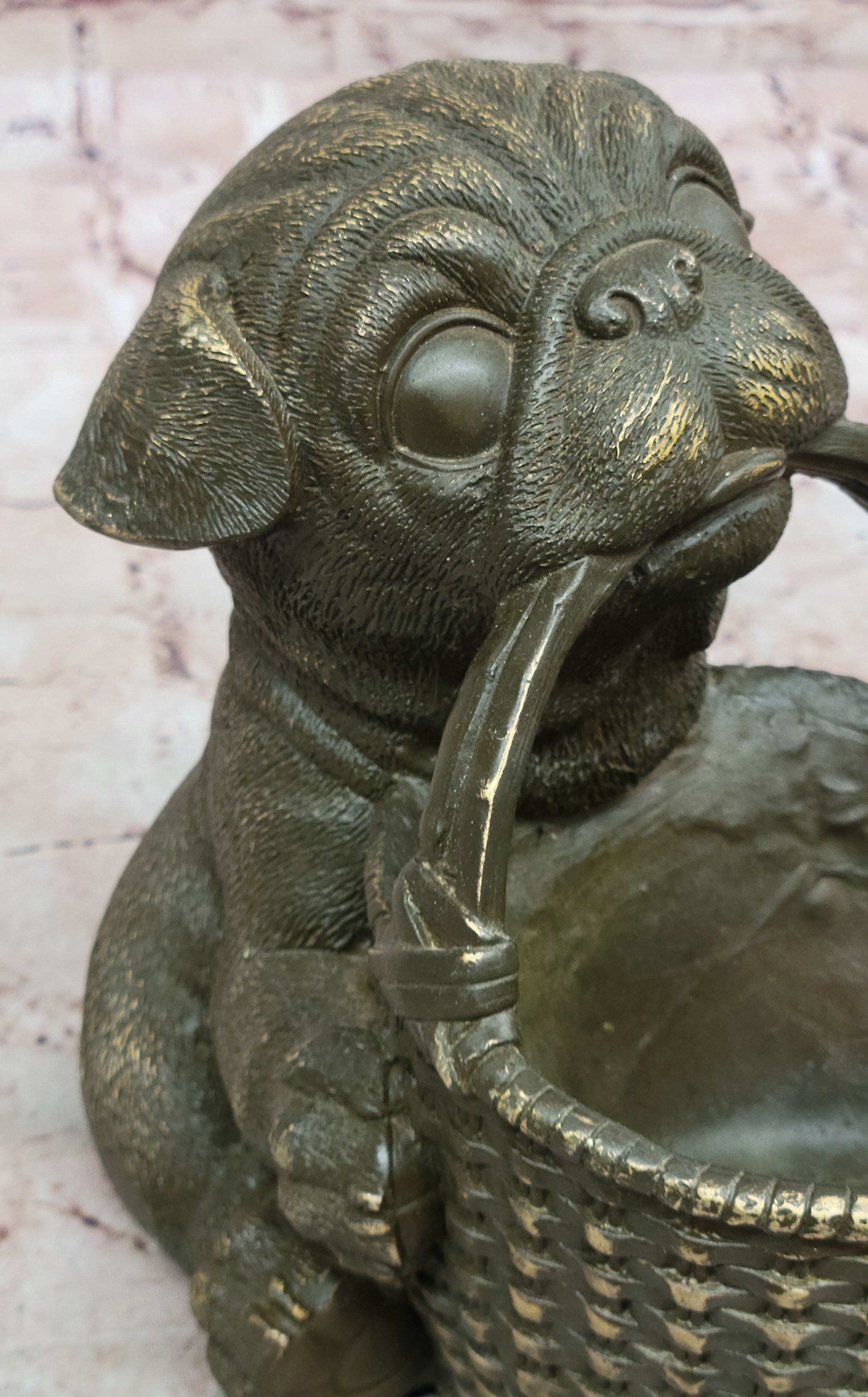 Bronze Pug Puppy Holding Woven Basket – Dog Figurine