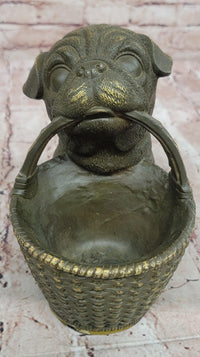 Bronze Pug Puppy Holding Woven Basket – Dog Figurine