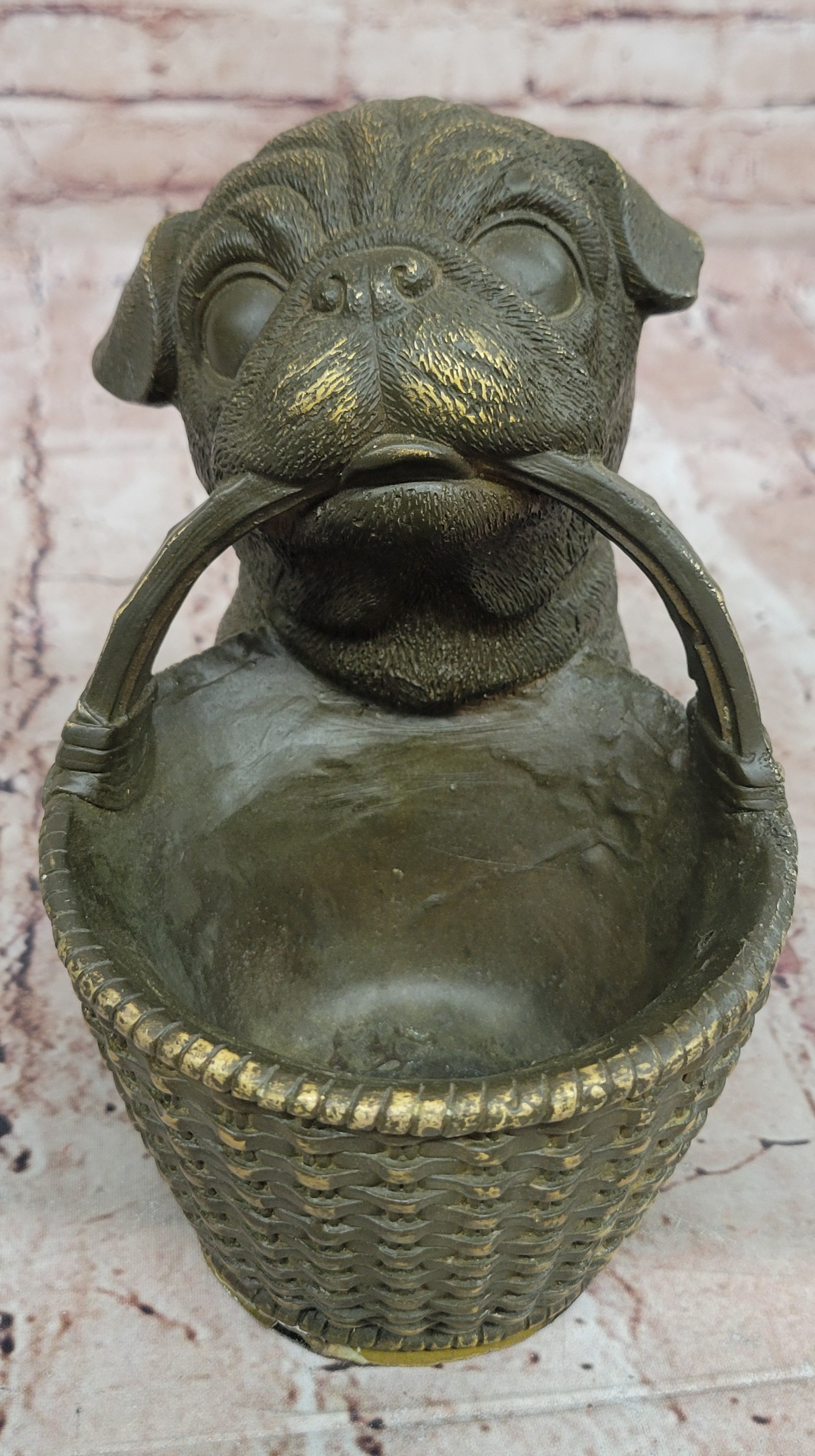 Bronze Pug Puppy Holding Woven Basket – Dog Figurine