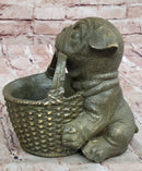 Bronze Pug Puppy Holding Woven Basket – Dog Figurine