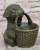 Bronze Pug Puppy Holding Woven Basket – Dog Figurine