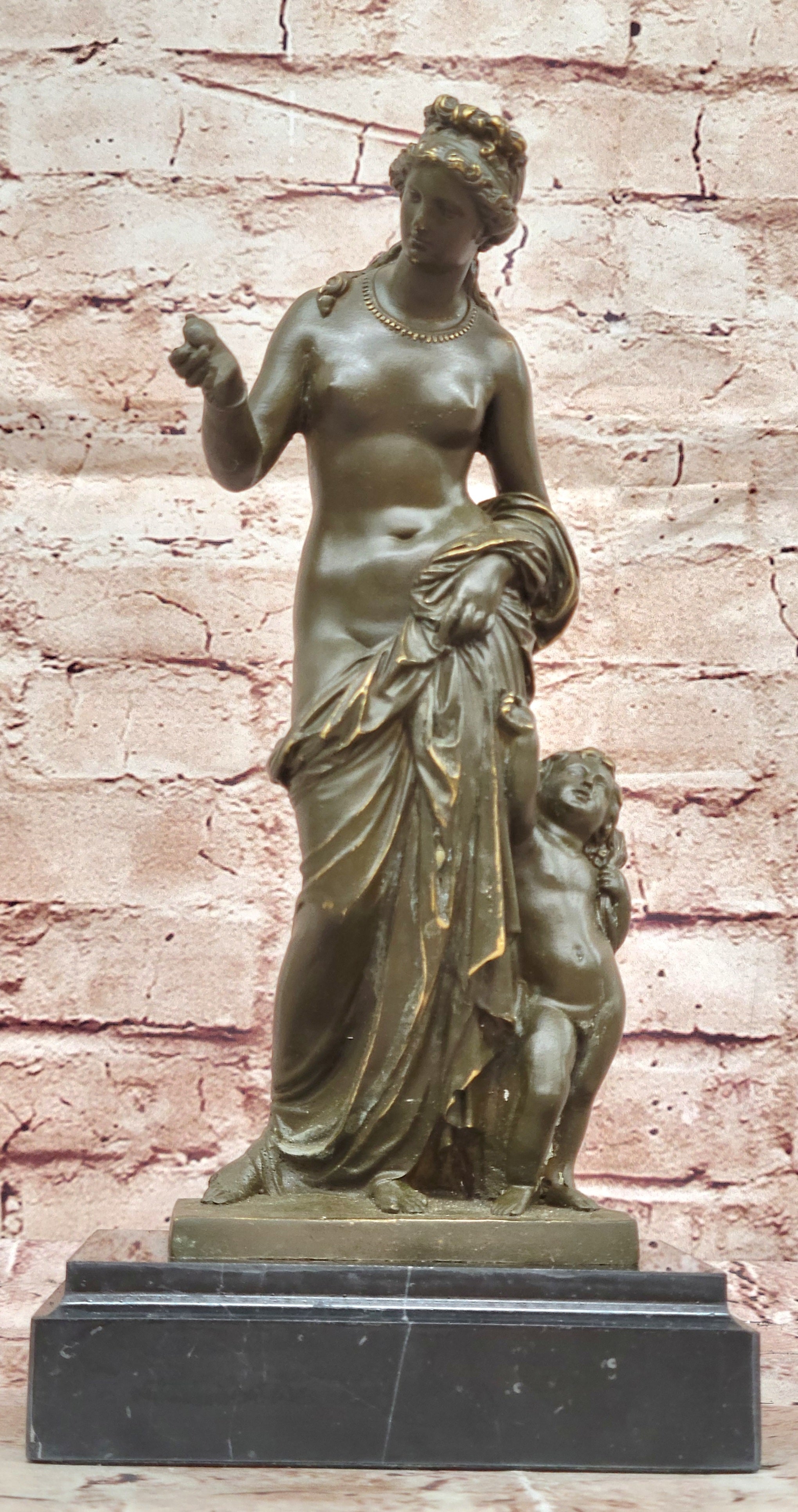 Nude Venus Goddess of Beauty w/ Cupid - Bronze on Marble Base