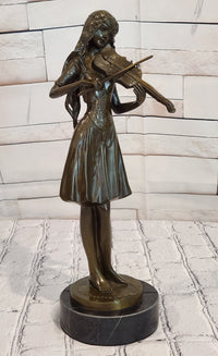 Lady Playing Violon by french Artist Jean Patoue Bronze Sculpture Statue Decor