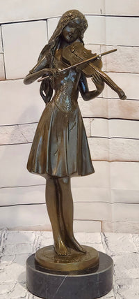 Lady Playing Violon by french Artist Jean Patoue Bronze Sculpture Statue Decor