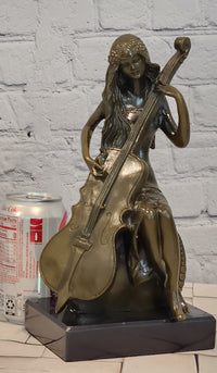 RARE REAL BRONZE SCULPTURE MUSIC CELLO PLAYING LADY FIGURINE HOT CAST DECORATION DECOR