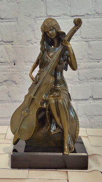 RARE REAL BRONZE SCULPTURE MUSIC CELLO PLAYING LADY FIGURINE HOT CAST DECORATION DECOR