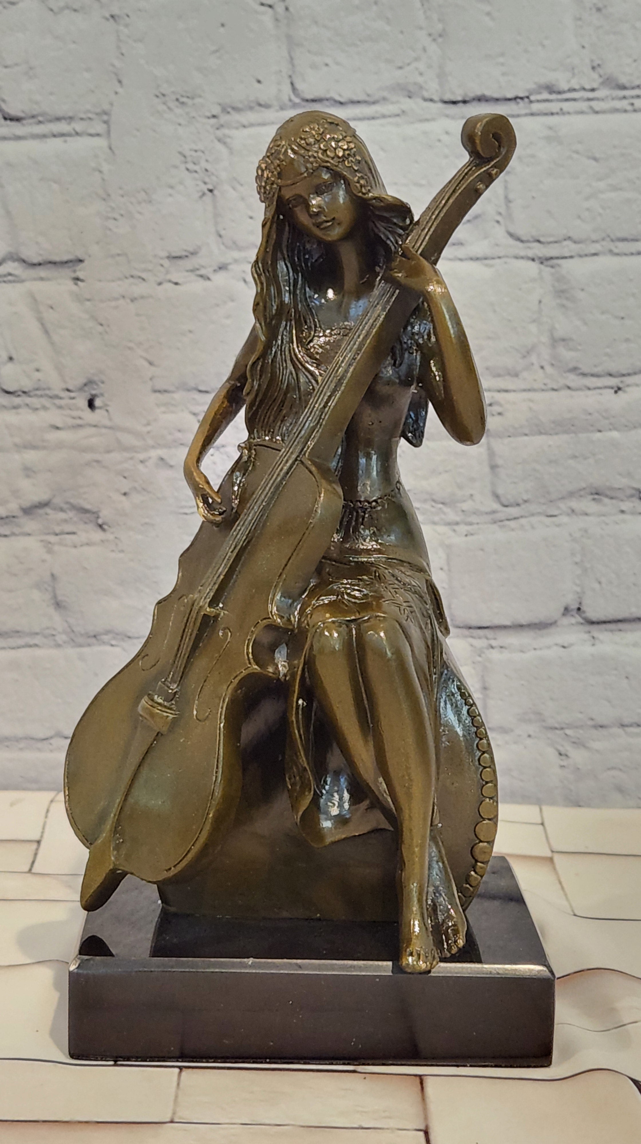 RARE REAL BRONZE SCULPTURE MUSIC CELLO PLAYING LADY FIGURINE HOT CAST DECORATION DECOR