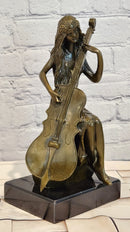 RARE REAL BRONZE SCULPTURE MUSIC CELLO PLAYING LADY FIGURINE HOT CAST DECORATION DECOR