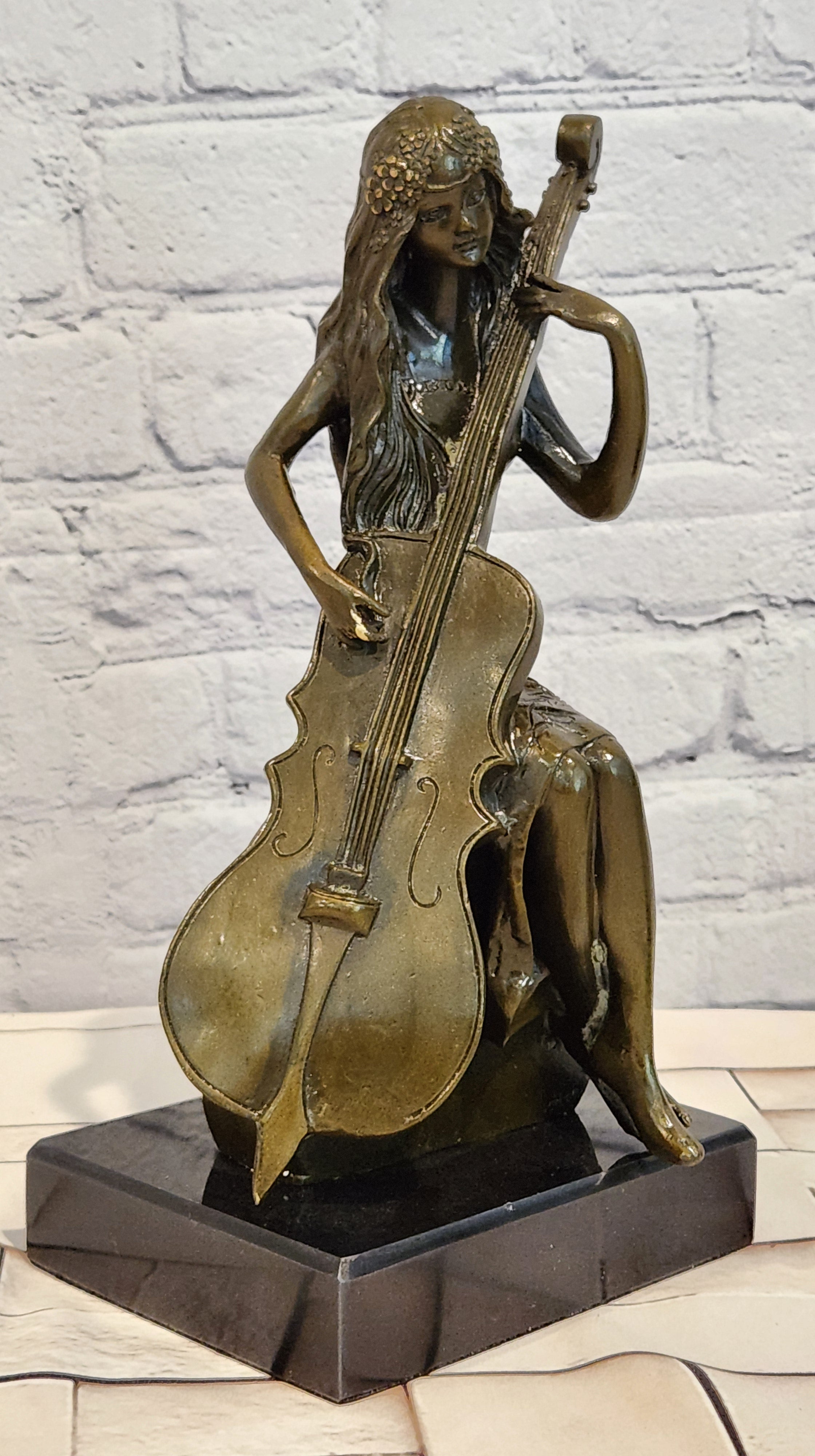 RARE REAL BRONZE SCULPTURE MUSIC CELLO PLAYING LADY FIGURINE HOT CAST DECORATION DECOR