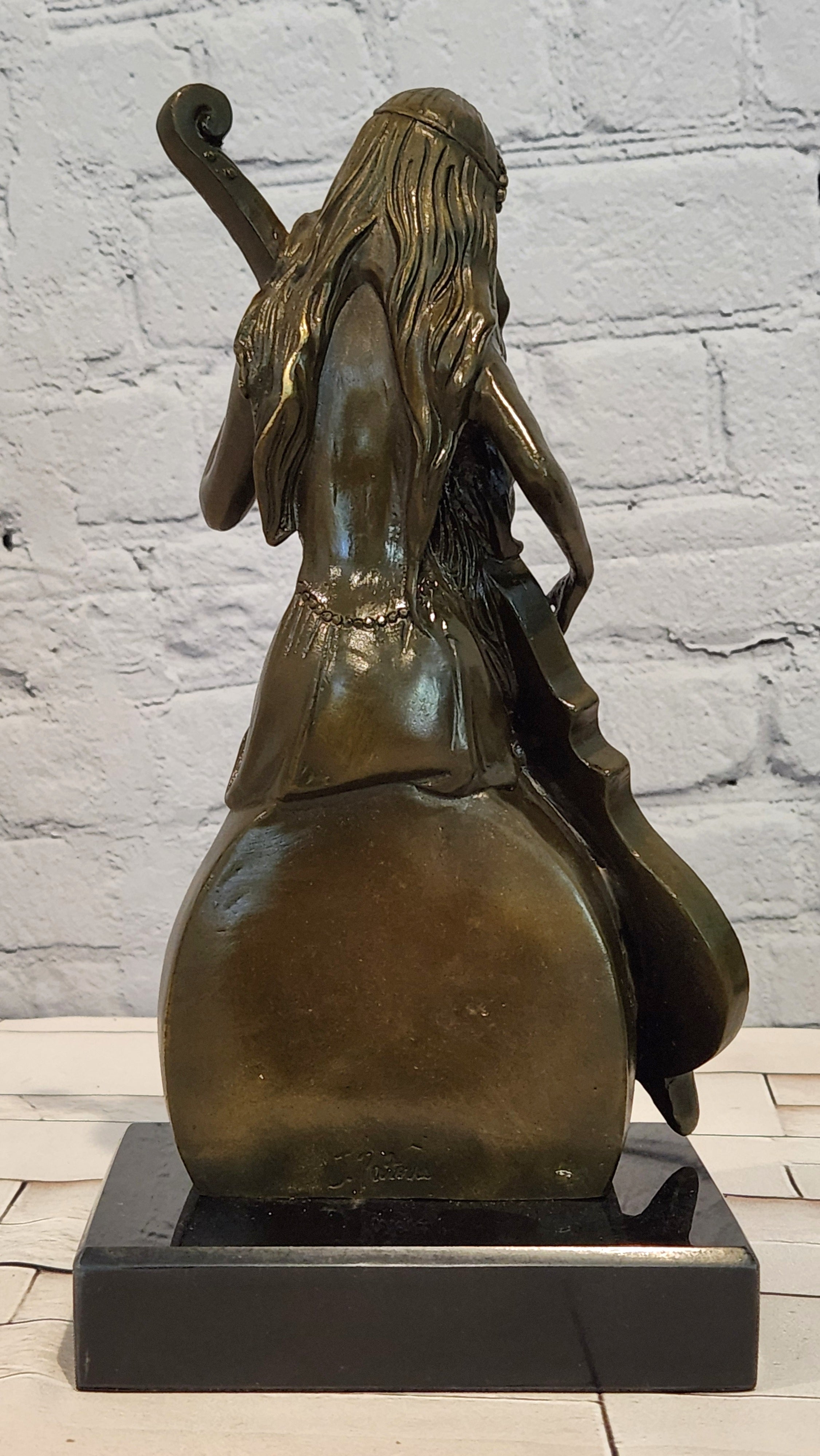 RARE REAL BRONZE SCULPTURE MUSIC CELLO PLAYING LADY FIGURINE HOT CAST DECORATION DECOR